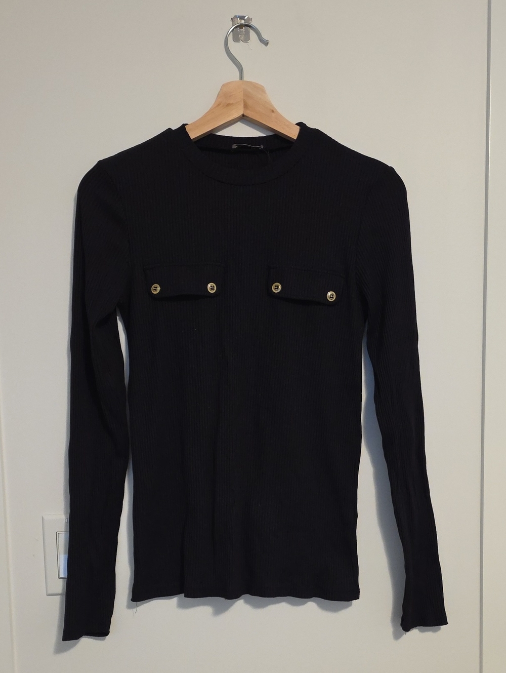 Zara Black Ribbed Crewneck Top with Pocket Detail